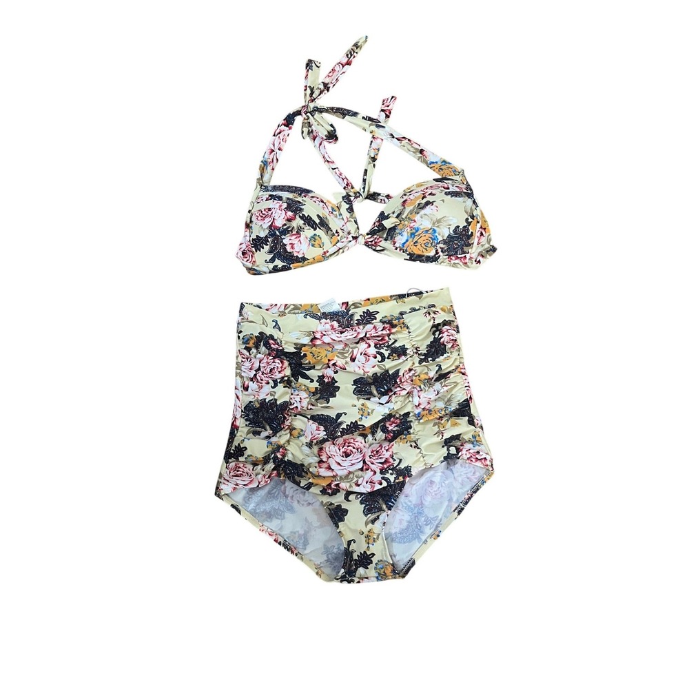 Floral High Waisted Bikini Set Yellow Pink Halter Push Up Two Piece Swimsuit S